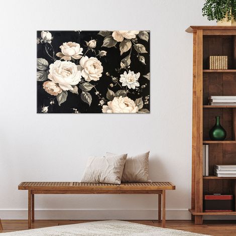 Wandbild Weiße Rosen auf schwarzem Hintergrund elegante florale Wanddekoration im Glamour-Stil 60x40 (1/4)