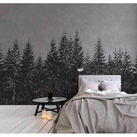 Papier peint panoramique forêt dessin noir & gris | Tapisserie panoramique arbre style industriel | Papier peint panoramique moderne salon - 270 x 400 cm (4 pièces) (1/5)