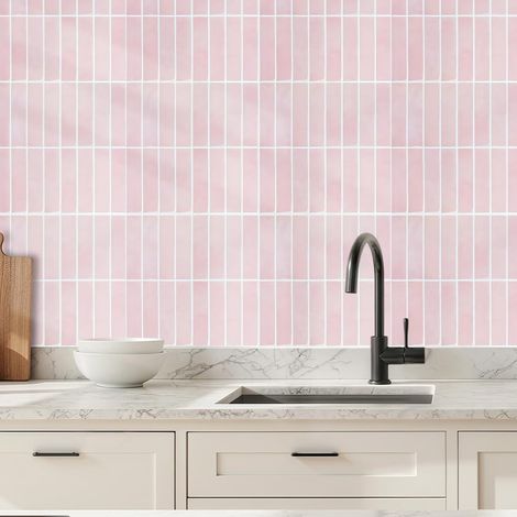 JSSEVN - Self-adhesive wall stickers for bathroom, 3D tile effect, easy application, modern design, set of 12 (30.5 x 30.5 cm), removable (Pink) (1/5)