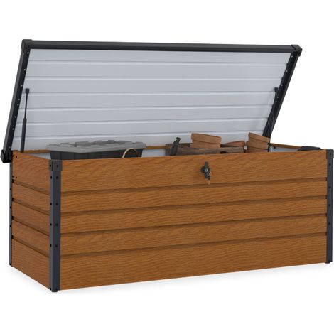 Abschließbare Metalltruhe mit Holz- und Graueffekt für den Garten 600L 165x70x63 cm