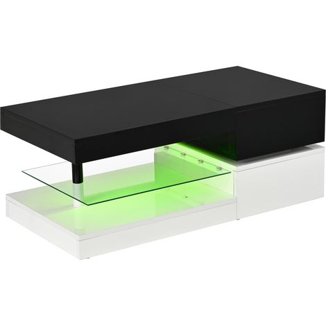 Tavolino da caffè con LED e Bluetooth, ripiano in vetro, nero/bianco lucido 90x45 cm (1/5)
