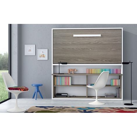 Lit escamotable 80x190 cm avec bureau et étagères Laura - Structure Blanche - Façade Noir - Matelas Sans matelas (1/5)