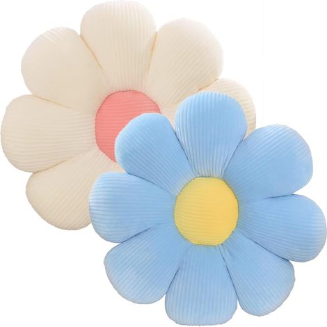 JSSEVN-Lot de 2 coussins de sol, 40 cm, en forme de fleur tatami, doux, en forme de pétales, mignons, pour voiture, maison, canapé, chaise (bleu + blanc) (1/5)