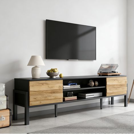 Mobile TV in truciolare nero e effetto legno 175x39,5x53 cm, con 2 ante, vani aperti e ripiani regolabili (1/5)