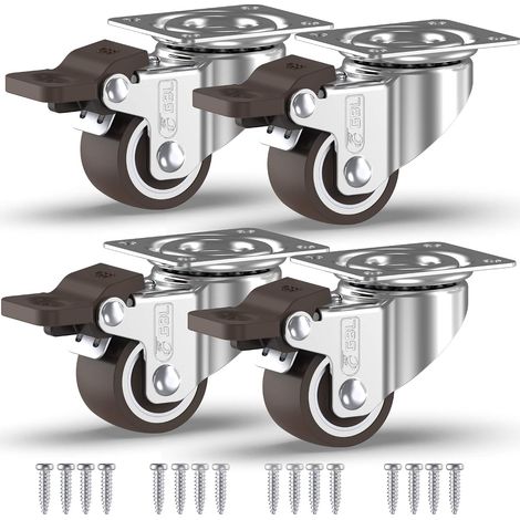 Roulettes pivotantes avec frein pour meubles + vis - 33 mm à 40 kg - Mini roulettes non marquantes pour sols lourds - Caoutchouc (1/5)