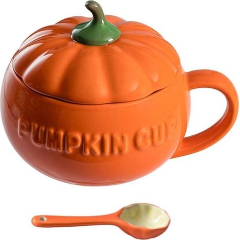 mug en ceramique en forme de citrouille avec couvercle et cuillere parfait pour le cafethe dautomne
