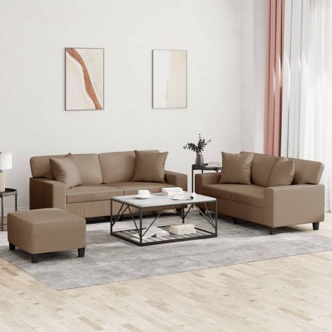 3-tlg. Sofagarnitur mit Kissen Cappuccino-Braun Kunstleder (1/5)