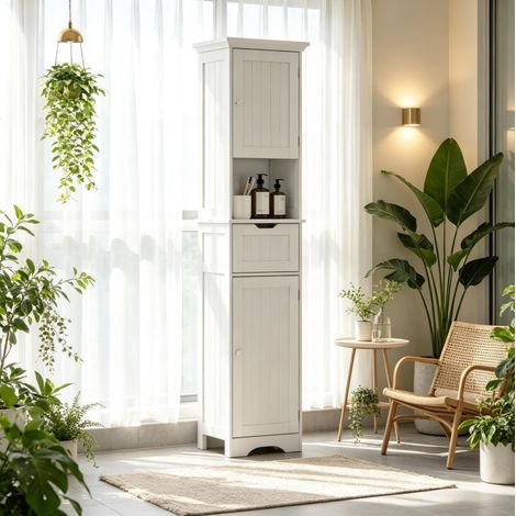 Armadio alto bagno stretto con LED, 2 ante e cassetto, bianco MDF 40 x 30 x 170 cm OKWISH (1/5)