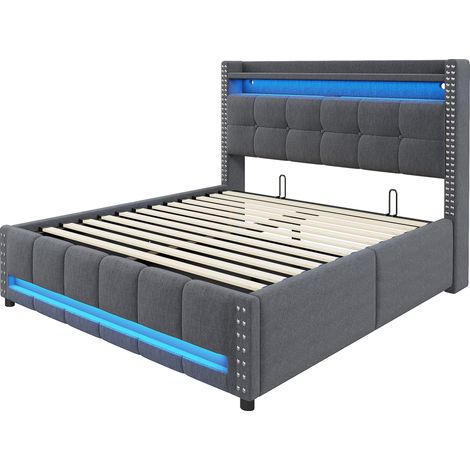 Cama canapé tapizada 160 x 200 cm gris con LED, USB y almacenaje (1/5)
