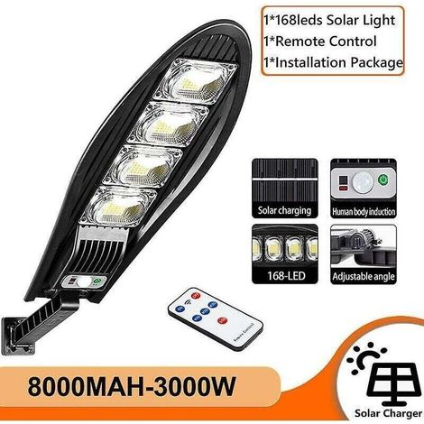 Lampadaire solaire LED 5000W 8000mAh amélioré, lampadaire solaire extérieur étanche avec angle réglable et modes à distance pour mur de jardin, 1 paquet, 168 LED. (1/4)