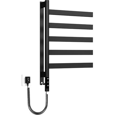 Sèche-Serviettes Électrique - 5 Barres Pivotantes 180°, Chauffage Rapide Fibre de Carbone (Sans Fluide), Écran Tactile LED, Acier Inox Noir Mat IPX4,noir