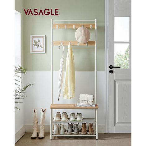 VASAGLE Perchero Zapatero, Perchero con Banco Recibidor, 3 en 1, Estructura de Acero, para Entrada Pasillo, 32 x 70 x 177 cm, Estilo Moderno, Roble y Crema (1/5)
