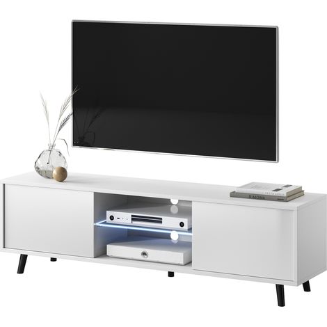 Selsey Lefyr - Mueble TV - blanco mate / blanco brillo - 140 cm - iluminación LED a pilas - moderno (1/5)