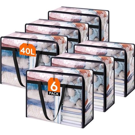 Lot de 6 sacs de rangement – PVC transparent – 40 L – Fermeture éclair et poignées – Literie et vêtements (1/5)