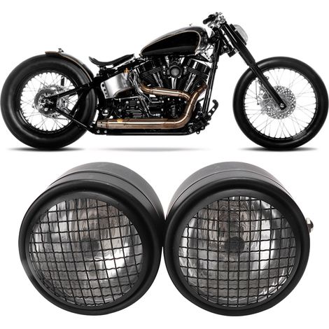 Phare avant double moto universel 8,5 pouces en fer, optique ronde jumelée noir avec grille blanche, lampe halogène (1/5)