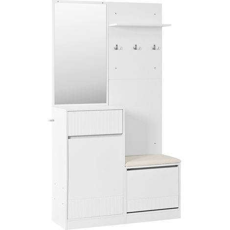 Eingangsmöbel mit Spiegel, Schuhschrank, Bank und LED-Licht, weiß, 105 x 38 x 190 cm, MODENUIT (1/5)