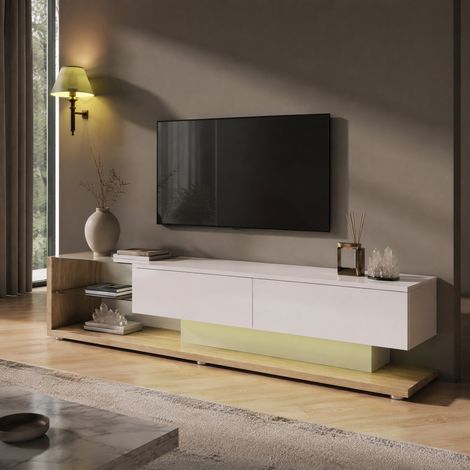 Mobile TV 170 cm bianco lucido con cassetti, ripiani in vetro e LED DESVIAE (1/5)