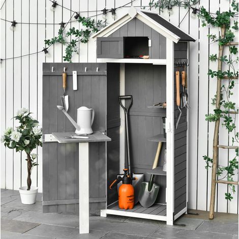 Cobertizo de jardín de madera gris 78 x 52,5 x 182 cm con puerta y mesa abatible HAVRYA (1/5)