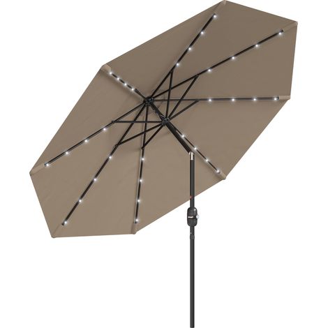 Parasol de jarden Ø265 cm avec 32 lumières LED solaires, manivelle et mât en acier pour terrasse, kaki