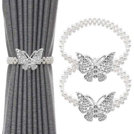 Lot de 2 Attache Rideau en Réglables avec Fil à Ressort, Attaches Rideaux avec Butterfly et Perles, Pas de Forage(Argent) (1/5)