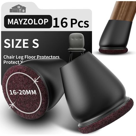 16 Pièces - Patin de Chaise - Protection Pied de Meuble - Silicone Élastique avec Feutre - Pour Sols Parquet et Carrelage - Noir - 16-20 mm (1/5)