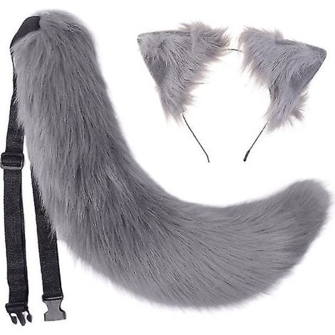 Serre-tête Lolita oreilles de renard gris, fourrure douce longue queue, accessoire cheveux pour fille, cosplay kawaii, bandeau peluche avec noeud (1/5)