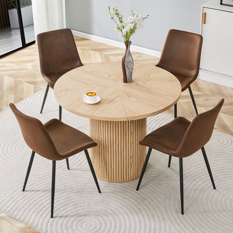 Essgruppe (100x100x76 cm), runder Tisch mit 4 Stühlen, 4 Segment Tischplatte, MDF, Braun Schwarz (1/5)