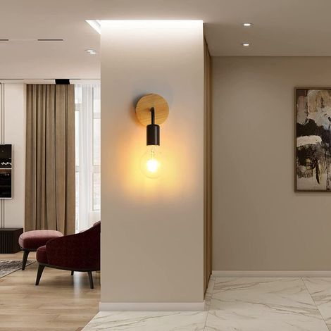 Lot de 4 appliques murales rétro noir – Fer et bois massif – Douille E27 – Tension CA 220V – Installation facile pour salon et chambre (1/4)