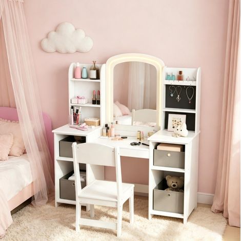 Tocador infantil 104x40x112 cm MDF blanco con espejo LED y almacenaje – MEUBLIV (1/5)