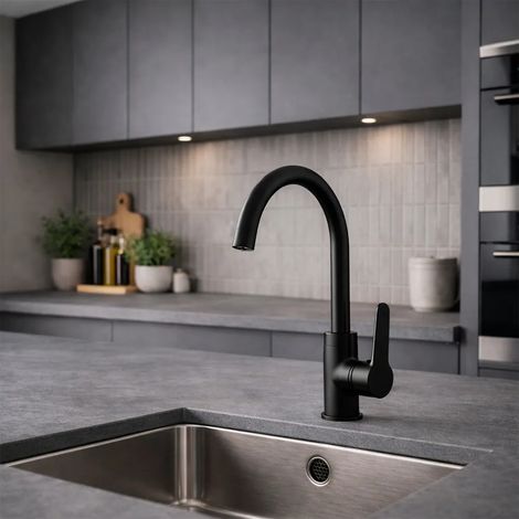 Homssy Grifo Monomando de Fregadero – Cuerpo de Latón con Acabado en Negro Mate, Caño Giratorio, Instalación Fácil con Fijador Easy Fix 35 (1/3)