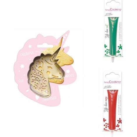Kit pour biscuit en relief Licorne + 2 Stylos au chocolat vert et rouge