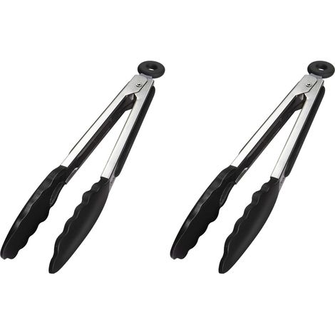 Pince Cuisine Professionnel, Pince Barbecue en Acier Inoxydable et Silicone Alimentaire, Pince de Cuisine Résistant à la Chaleur- 23 cm Noir (Lot de 2) (1/5)