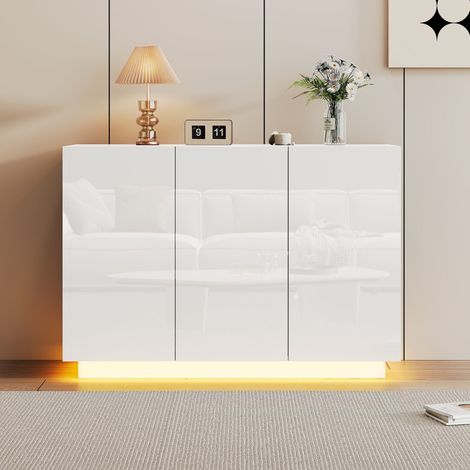 Buffet et enfilade-Vaisselier brillant ouvert/fermé-Buffet blanc-Socle avec éclairage LED-Commode entrée 120x40x75(cm) (1/5)