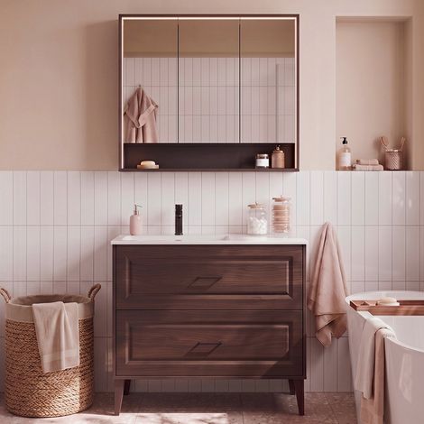 Conjunto mueble simple lavabo empotrado izquierda 100cm y armario espejo Moka Madera oscura (1/4)