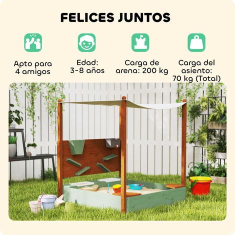 AIYAPLAY Arenero De Madera Con Techo Para Niños De 3 A 6 Años | 3 Bancos, 2 Cajas De Almacenamiento Y Forro, Capacidad De 136 L, 128x118x121 Cm