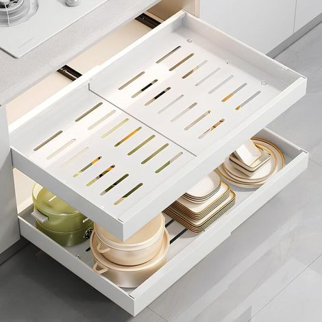 Stück ausziehbare Küchenschublade, bohrfreie Aufbewahrung und Organisation für Küchenschränke und Badezimmer, verstellbare Breite von 32–52 cm – Crezuo