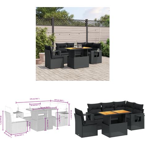 Salon de jardin 6 pcs avec coussins noir résine tressée - Ensemble Salon De Jardin - Meuble Extérieur - Résine Tressée - Rotin Synthétique - Table Extensible - Home & Living (1/3)