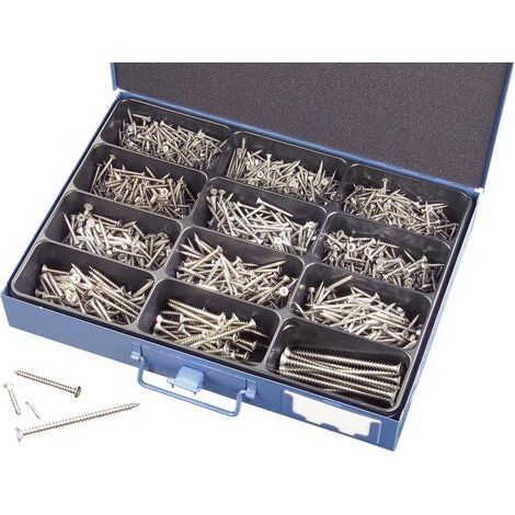 Assortiment de 1135 vis inox A2 – 230 vis 3x20mm, 100 vis 3x30mm, 150 vis 3,5x25mm – Coffret en tôle pour rangement (1/2)