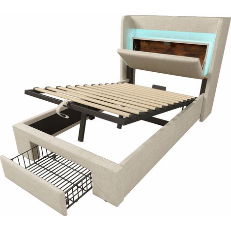 Letto contenitore imbottito 90 x 200 cm beige con testiera, LED, USB e USB-C, materasso incluso (1/5)