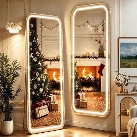 VASIEN – Miroir pleine longueur LED 150x40 cm,miroir mural/sur pied tactile à 3 couleurs,cadre en aluminium doré pour chambre et dressing (1/5)