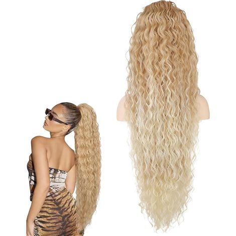 Queue de Cheval à Clip, Extensions Longues et Ondulées, Queue Cheval Ondulé, Extensions Tresses Synthétiques, Pièce de Cheveux à Clip, Queue de Cheval Femme, 90cm(36 inch), Blonde Gradient
