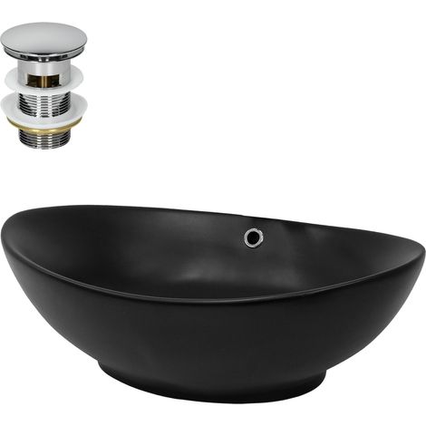 ML-Design Lavabo en Céramique, Noir Mat, 59x38x19 cm, Forme Ovale, Garniture de Vidage Argent, Vasque á Poser, Design Moderne, Lavabo à Main, Lavabo de Comptoir Élégant, Salle de Bain/WC d'Invités (1/5)