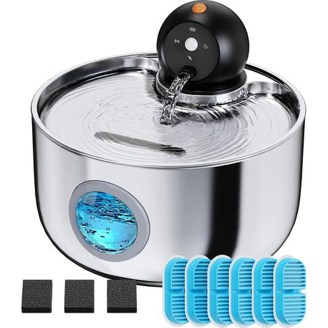Fontaine a Eau Chat sans Fil: Fontaine Eau Chat INOX avec Detecteur de Mouvement - 2.6L Distributeur Eau Chats Automatique Batterie Rechargeable - Abreuvoir Silencieuse pour Chien à Piles - 9 Filtres (1/5)