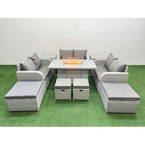 Fimous PE Rattan Lounge Sofa Set 10 Seater Outdoor Garden Furniture Set with Gas Firepit Table Love Sofa 2 Big Footstools 2 Side Tables Light Grey (1/4)