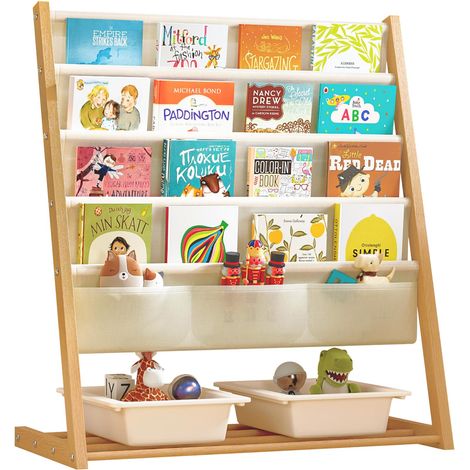 Bibliothèque pour enfants avec 4 étagères et panier de rangement – Étagère pour livres d'enfants, design en bois naturel, 69 x 33 x 78 cm, organisateur pour chambre ou salle de jeux (1/5)