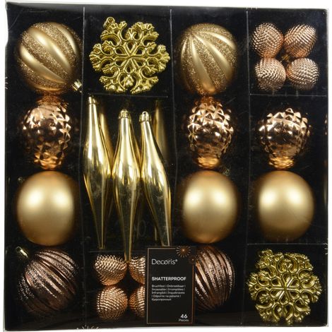 Decoris Weihnachtskugeln mit Baumschmuck aus Kunststoff bruchsicher Ø 8 cm gold-braun 46 Stück
