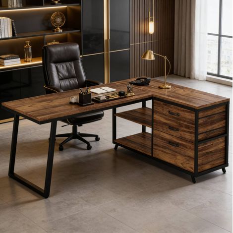 Bureau d’angle L réversible 135 x 100 x 75 cm, métal et bois, noir et marron, REDOM (1/5)