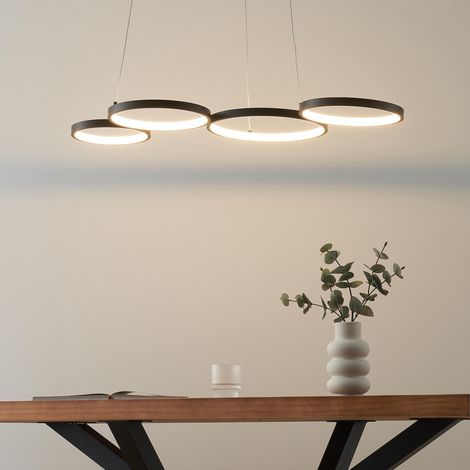 Kosilum – Suspension LED 4 cercles métal noir 58W – Longueur 88 cm – Éclairage blanc chaud pour table à manger – Design moderne (1/5)