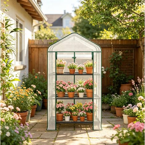 Serre de jardin compacte sur roulettes avec 3 étagères, porte zippée relevable et film PE 140 g/m², blanche, pour balcon, terrasse ou potager - CHICFURN (1/5)