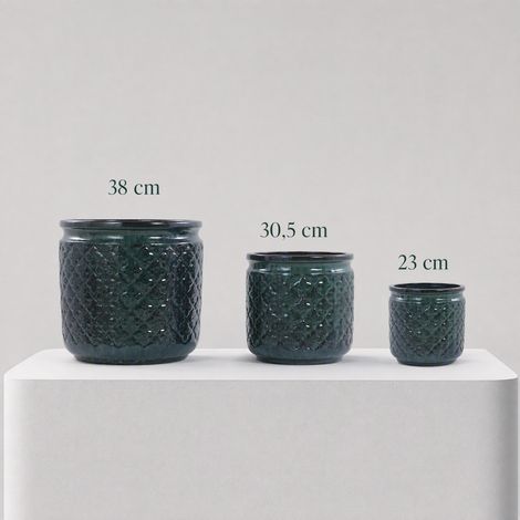 Set di 3 vasi in ceramica (Ø 38,1/30,5/22,9 cm), verde scuro con motivi geometrici, ideali per orchidee. Per uso interno/esterno, davanzali/librerie, realizzati in argilla traspirante. (1/5)
